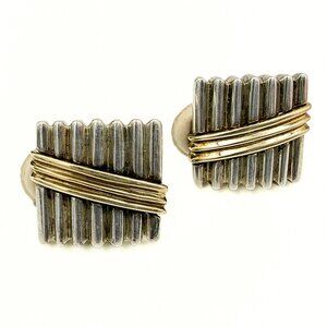 Rigoberto Designer Signed Sterling Silver 14k Gold  Ribbed Square Clip Earrings